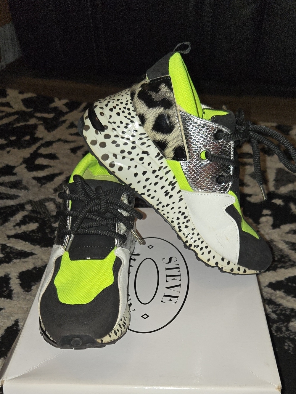 Steve Madden CliffNeon Green Mixed-Media Animal and Metallic Accent Sneaker